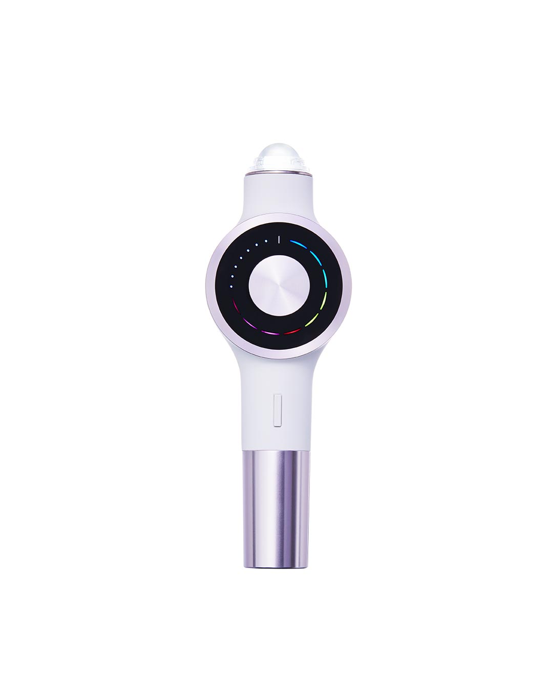 A white handheld skincare device with a color wheel dial and a silver element, designed for skin stimulation and treatment.
