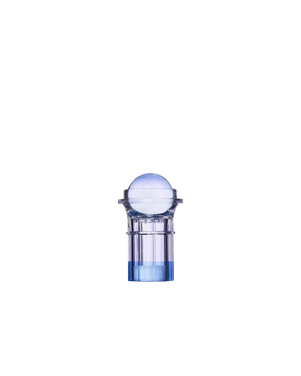 Close-up of a transparent container with a spherical top and blue liquid inside, placed against a plain background.