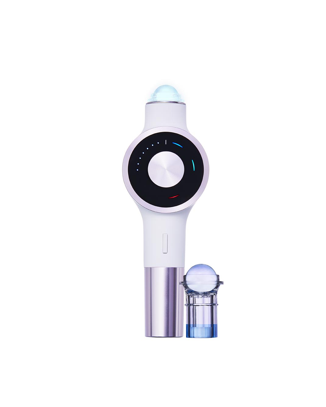 Lightinderm PURITY skincare device with a sleek white and silver design, featuring a circular control dial and capsule attachment, used for a 3-minute daily facial treatment combining light therapy, photoactive ingredients, and tissue massage to reduce imperfections, tighten pores, smooth skin, and deliver anti-aging benefits.