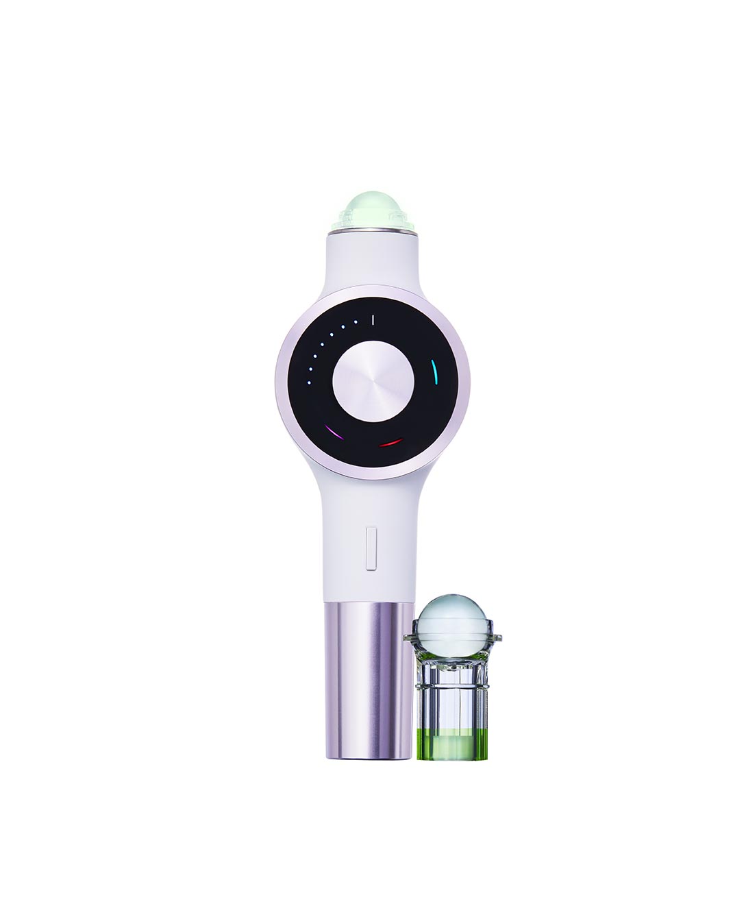 A bottle of Redness Relief Serum with a clear liquid visible inside and Lightinderm At Home Device, designed for skincare.