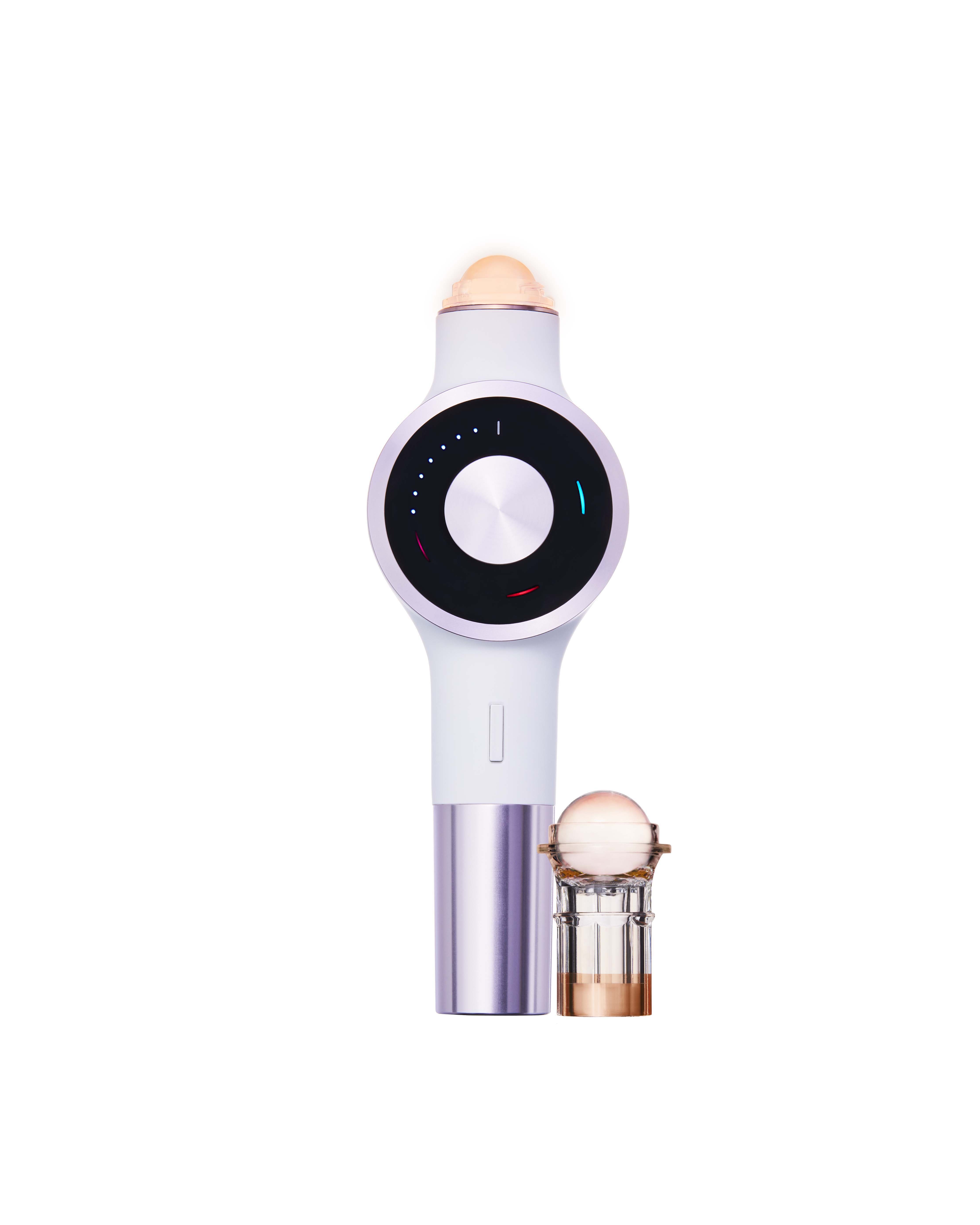 Brightening Serum skincare Lightinderm  device with a sleek white and silver design, featuring a circular control dial and capsule attachment, used for a 3-minute daily facial treatment combining light therapy, photoactive ingredients, and tissue massage to reduce imperfections, tighten pores, smooth skin, and deliver anti-aging benefits.