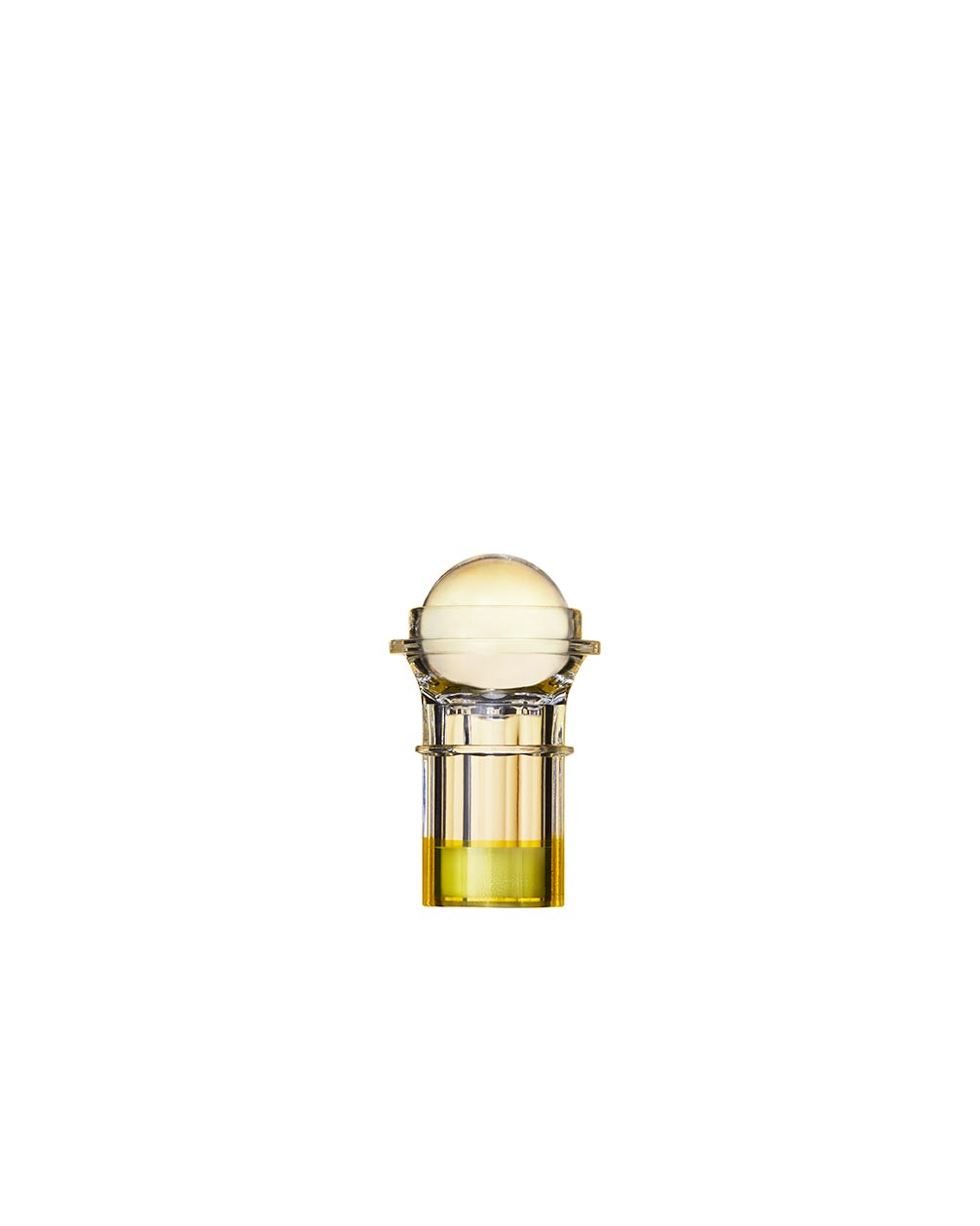 A small, clear glass bottle with a pump dispenser, filled with yellow-colored serum. The bottle is set against a white background.