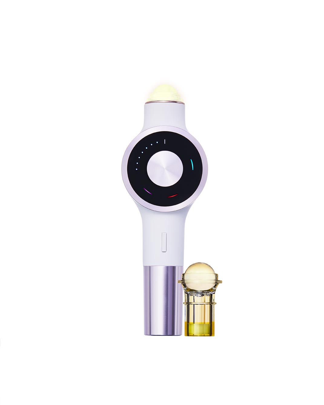 Lightinderm Eye Serum skincare device with a sleek white and silver design, featuring a circular control dial and capsule attachment, used for a 3-minute daily facial treatment combining light therapy, photoactive ingredients, and tissue massage to reduce imperfections, tighten pores, smooth skin, and deliver anti-aging benefits.