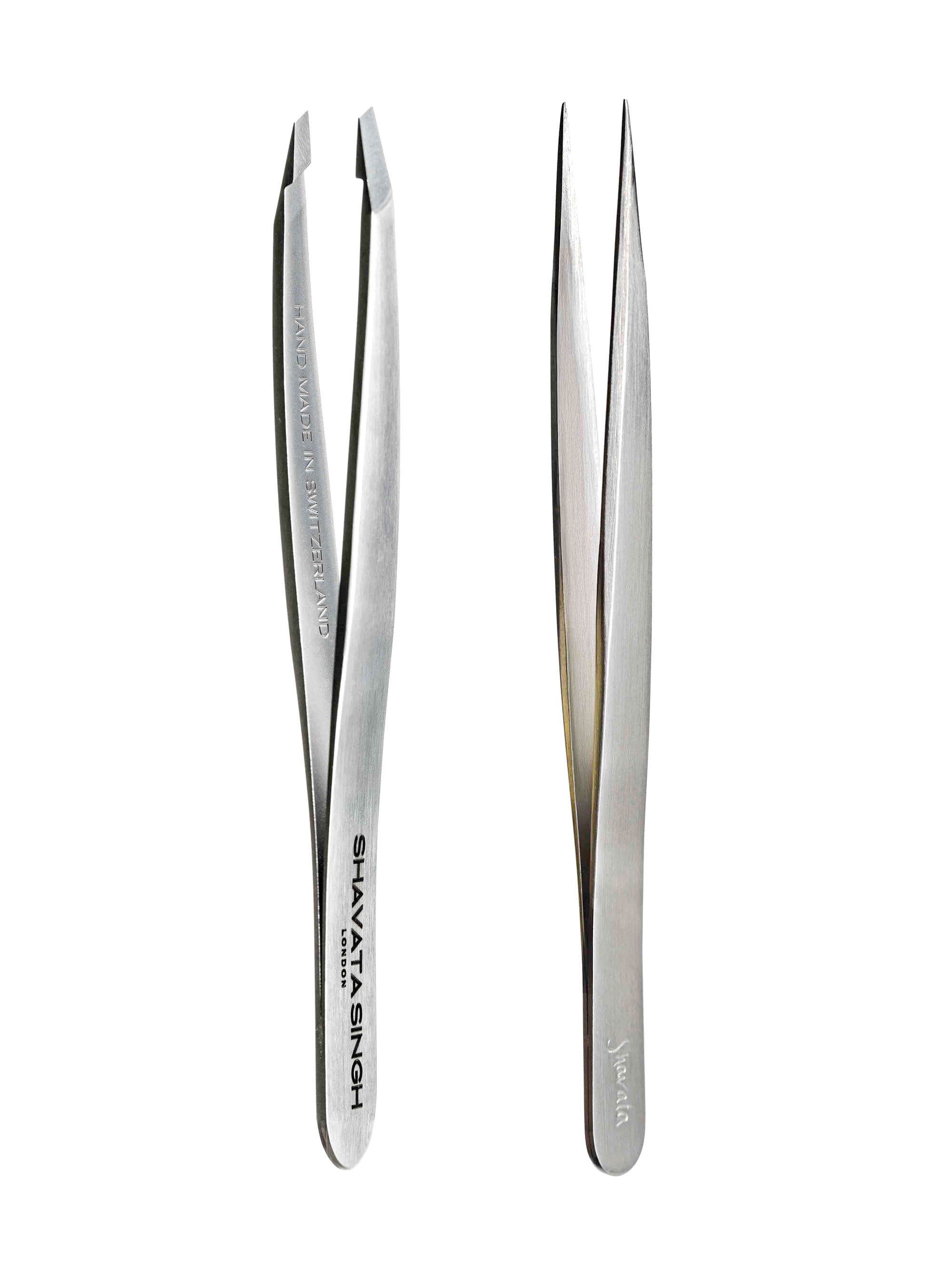 Pair of silver tweezers with 'Shavata Singh' branding on a white background