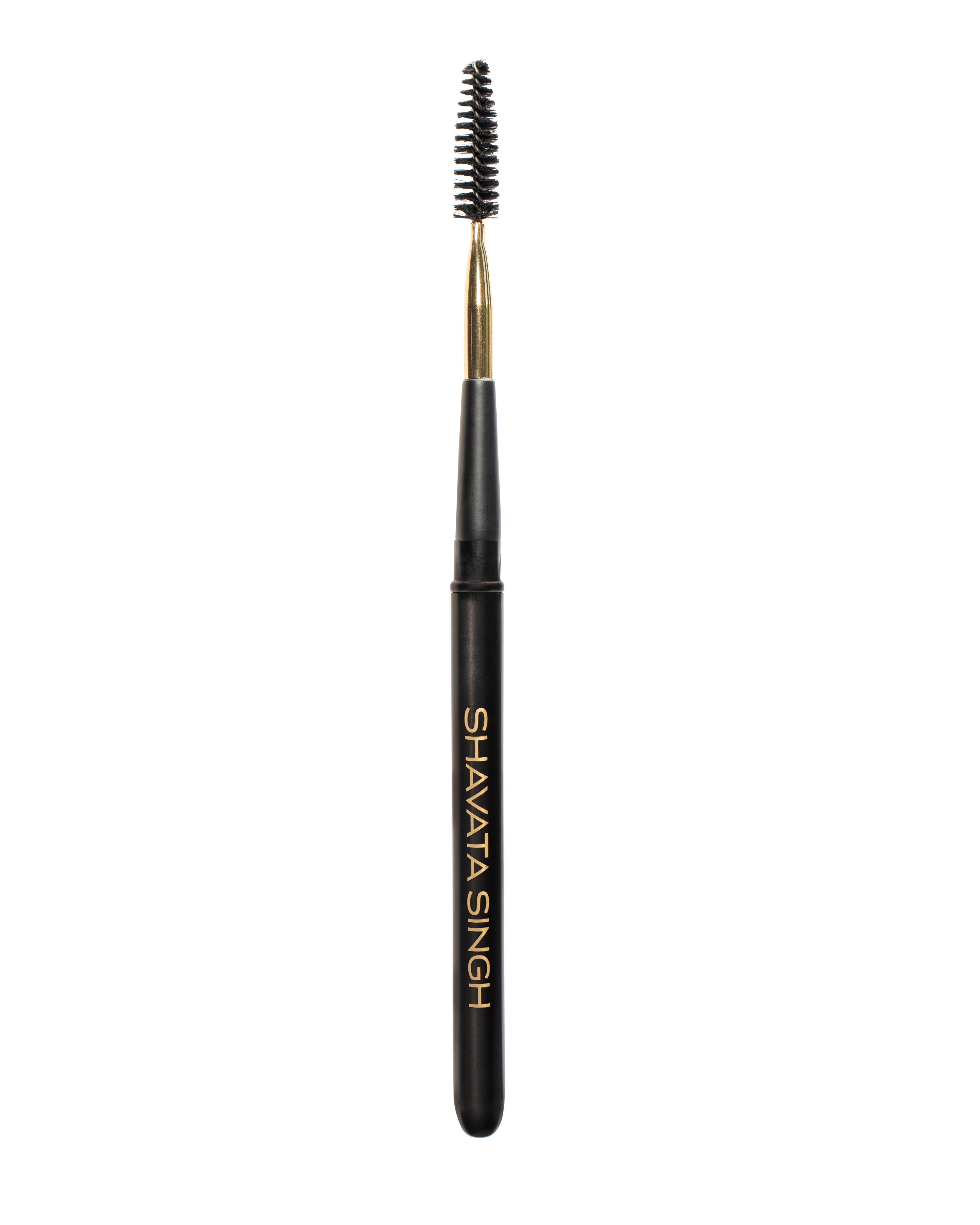 Eyebrow brush with black bristle head and black handle on a white background, branded 'Shavata Singh'.