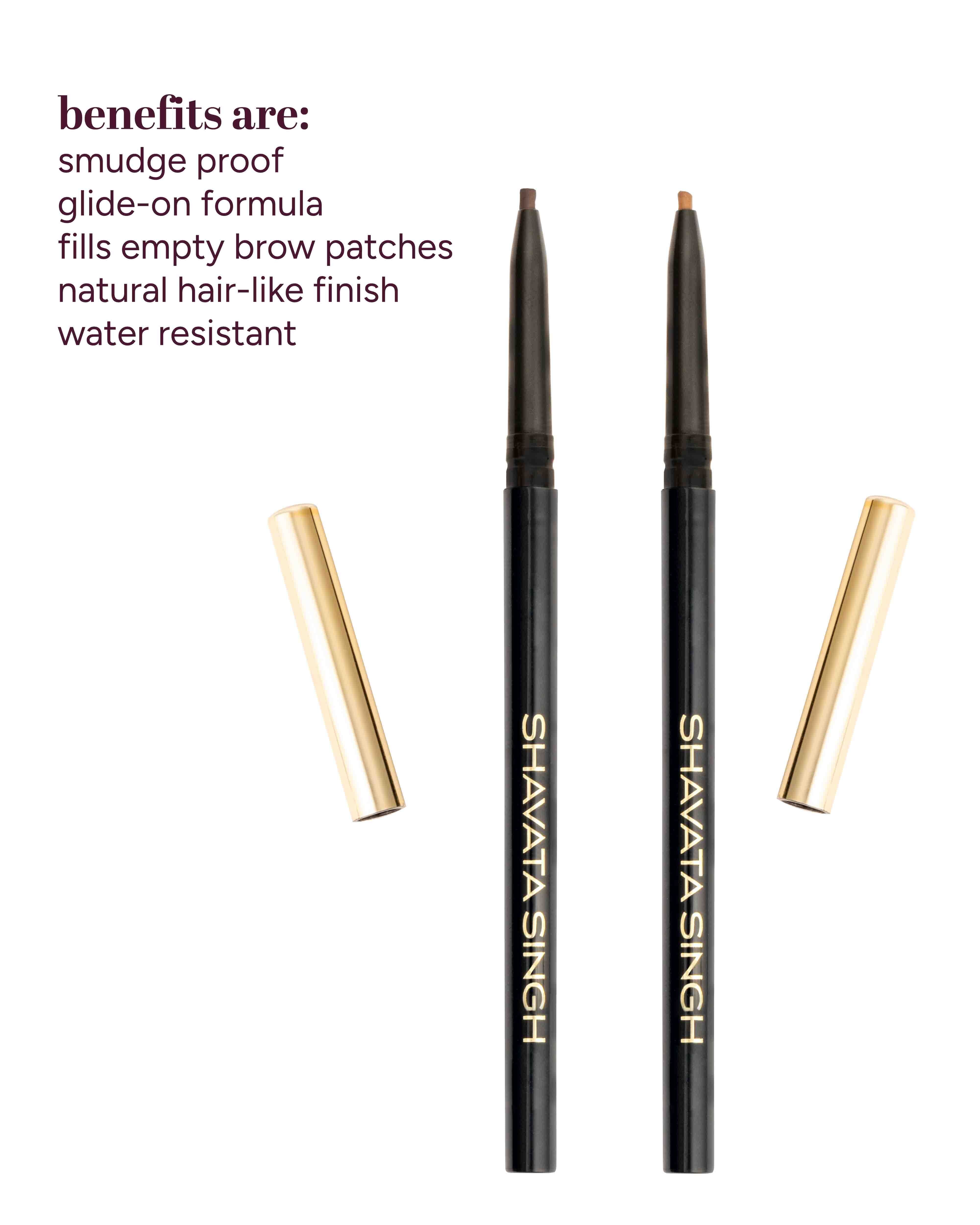 Shavata Singh eyebrow pencils with product benefits listed on a white background