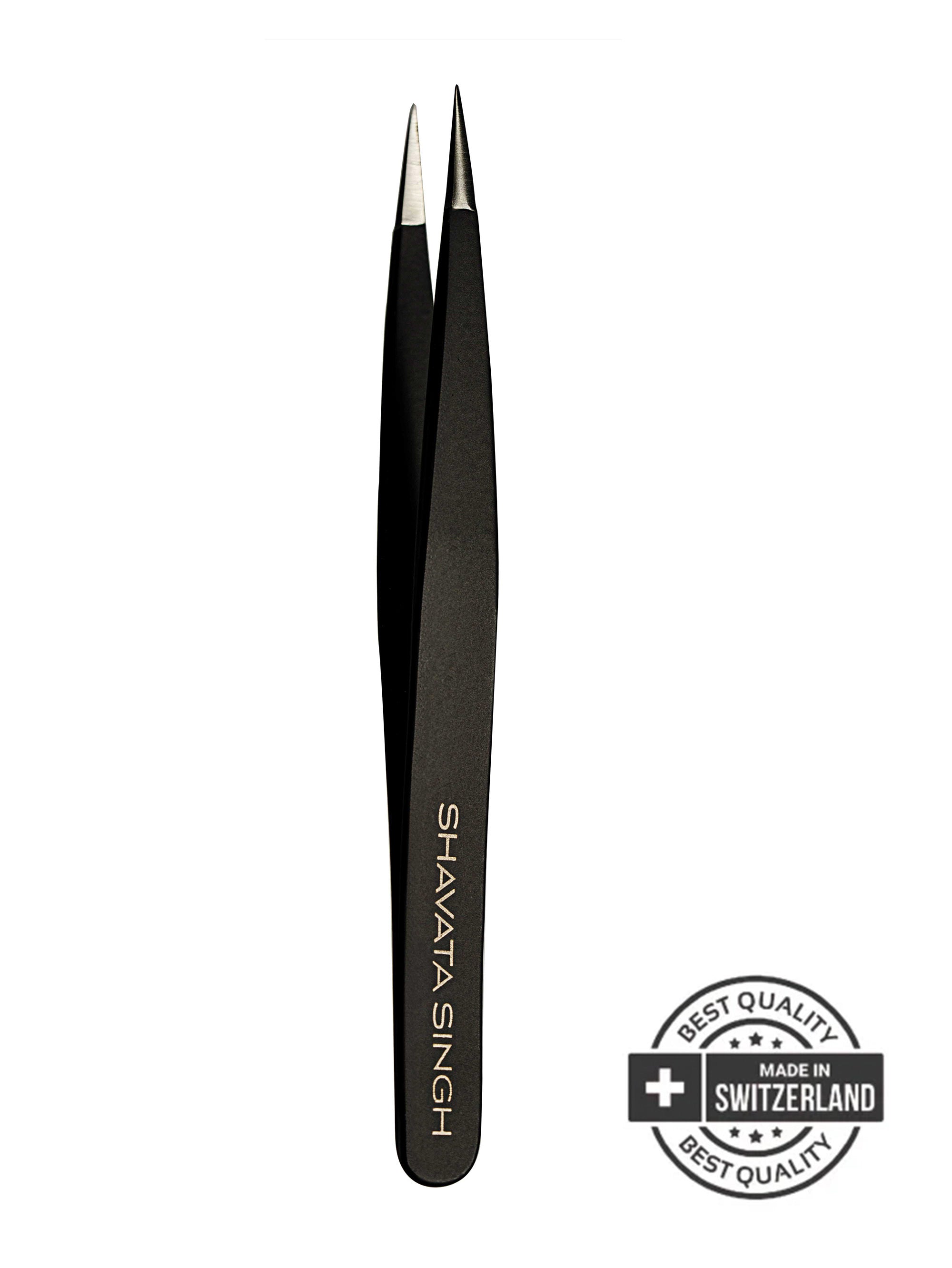 Black tweezers with 'Shavata Singh' branding on a white background