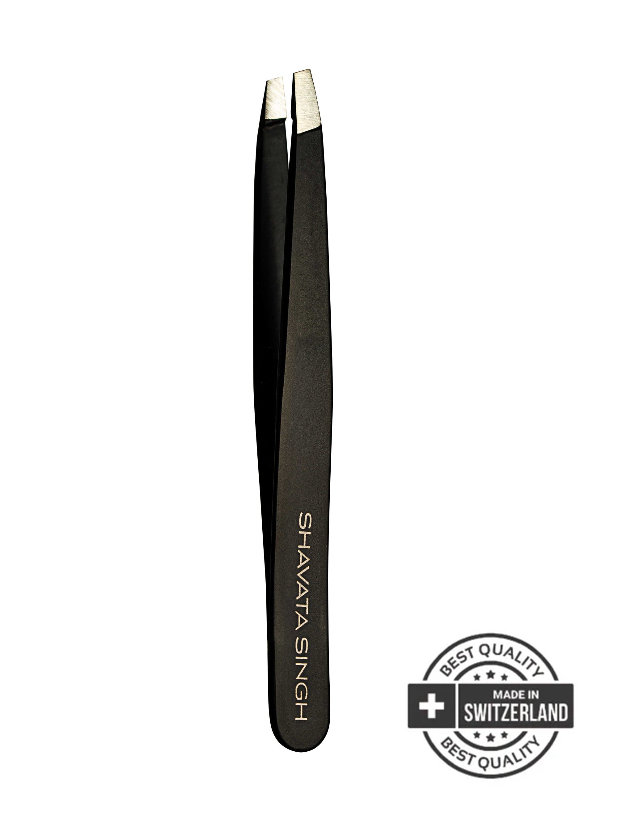 Black tweezers with 'Shavata Singh' branding on a white background
