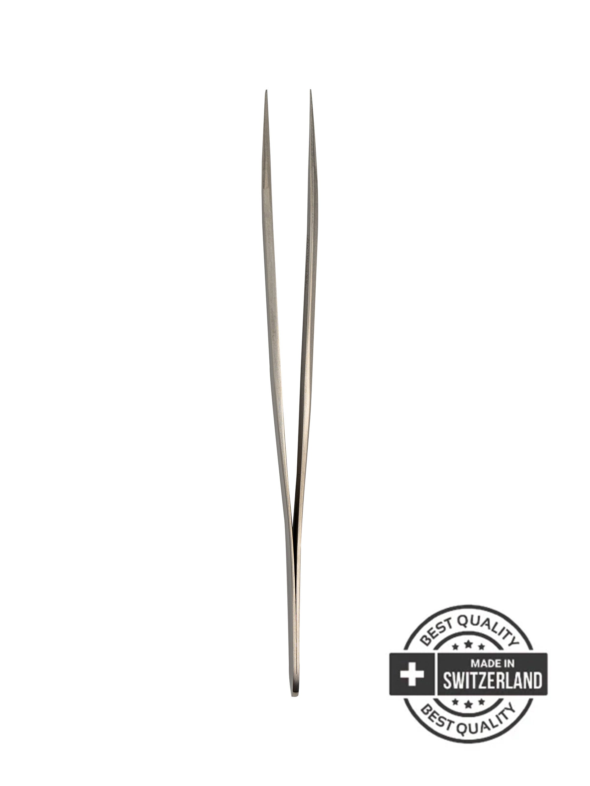 Pair of metal tweezers with 'Made in Switzerland' quality badge on a white background